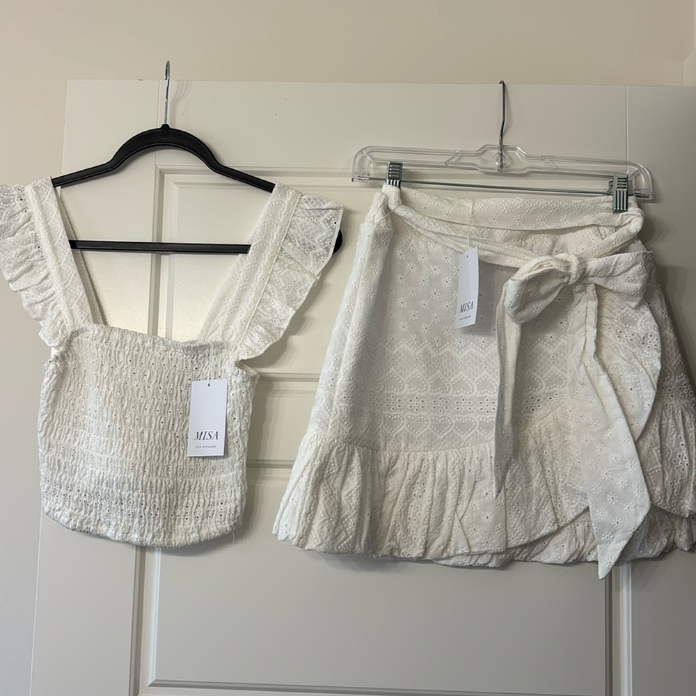 Misa Los Angeles White Eyelet Crop Top & Wrap Mini Skirt Set